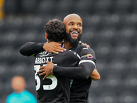 David McGoldrick of Notts County celebrates with George Abbott of Notts County after scoring a goal to make it 1-0 during the Sky Bet League...