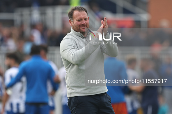 Hartlepool manager Darren Sarll applauds the fans after the Vanarama National League match between Hartlepool United and FC Halifax Town at...