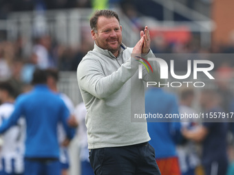 Hartlepool manager Darren Sarll applauds the fans after the Vanarama National League match between Hartlepool United and FC Halifax Town at...