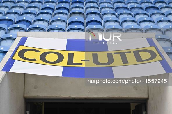 A club banner is inside the stadium during the Sky Bet League 2 match between Colchester United and Bromley at the Weston Homes Community St...