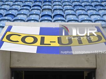 A club banner is inside the stadium during the Sky Bet League 2 match between Colchester United and Bromley at the Weston Homes Community St...