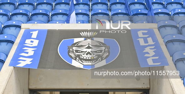 A club banner is inside the stadium during the Sky Bet League 2 match between Colchester United and Bromley at the Weston Homes Community St...