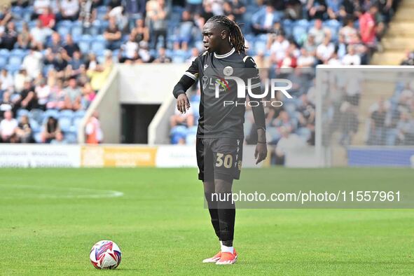 Idris Odutayo (30 Bromley) prepares to take a free kick during the Sky Bet League 2 match between Colchester United and Bromley at the Westo...