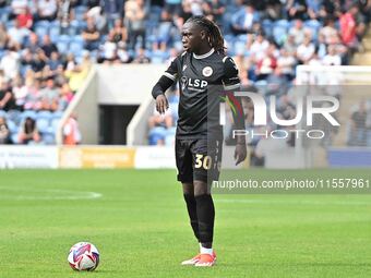 Idris Odutayo (30 Bromley) prepares to take a free kick during the Sky Bet League 2 match between Colchester United and Bromley at the Westo...