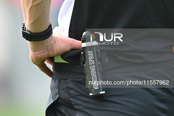 Close-up of invisible spray during the Sky Bet League 2 match between Colchester United and Bromley at the Weston Homes Community Stadium in...