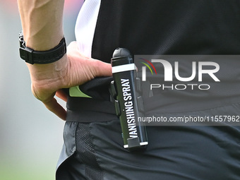 Close-up of invisible spray during the Sky Bet League 2 match between Colchester United and Bromley at the Weston Homes Community Stadium in...