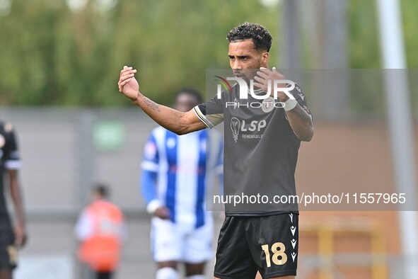 Corey Whitely (18 Bromley) gestures during the Sky Bet League 2 match between Colchester United and Bromley at the Weston Homes Community St...