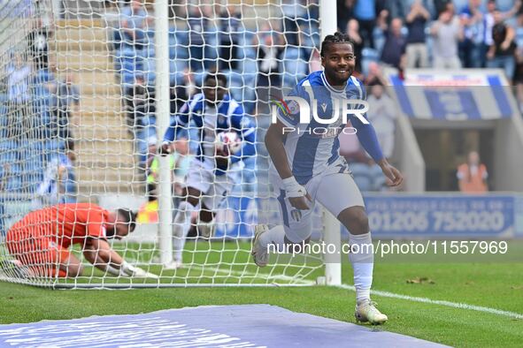 Owura Edwards (21 Colchester United) celebrates after scoring the team's first goal during the Sky Bet League 2 match between Colchester Uni...