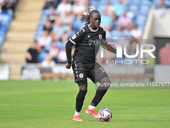 Idris Odutayo (30 Bromley) controls the ball during the Sky Bet League 2 match between Colchester United and Bromley at the Weston Homes Com...