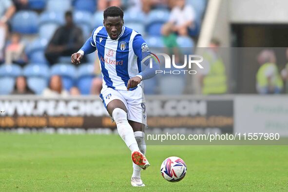 Samson Tovide (9 Colchester United) passes the ball during the Sky Bet League 2 match between Colchester United and Bromley at the Weston Ho...