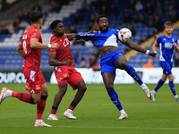 Emmanuel Monthe of Oldham Athletic Association Football Club tussles with Aribim Pepple of Southend United Football Club during the Vanarama...