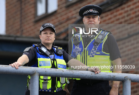 GMP is on duty during the Vanarama National League match between Oldham Athletic and Southend United at Boundary Park in Oldham, United King...