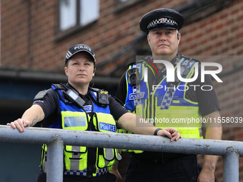 GMP is on duty during the Vanarama National League match between Oldham Athletic and Southend United at Boundary Park in Oldham, United King...