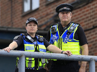 GMP is on duty during the Vanarama National League match between Oldham Athletic and Southend United at Boundary Park in Oldham, United King...