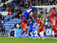 Mike Fondop of Oldham Athletic Association Football Club heads for goal during the Vanarama National League match between Oldham Athletic an...