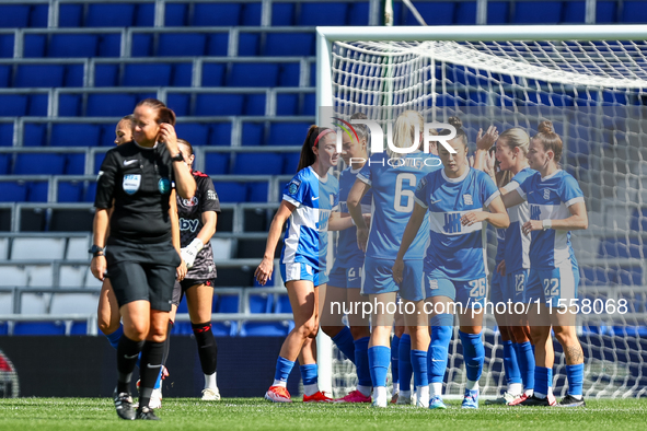 Birmingham City Women celebrate the goal by #17, Lucy Quinn of Birmingham (hidden), during the FA Women's Championship match between Birming...