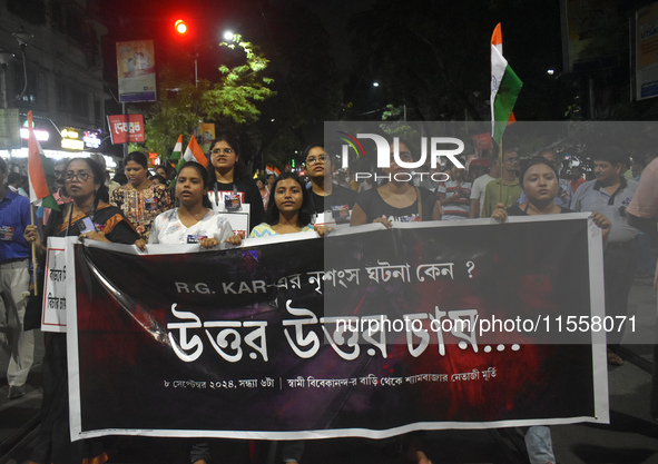 Citizens of Kolkata protest over the sexual assault and murder of a postgraduate woman doctor in Kolkata, India, on September 8, 2024. 