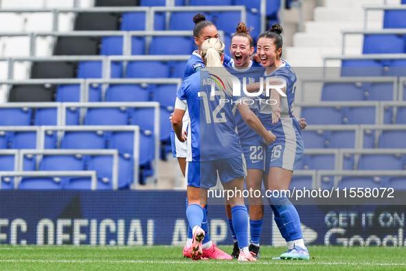 Lily Agg of Birmingham celebrates her goal with teammates during the FA Women's Championship match between Birmingham City and Sunderland at...