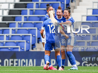 Lily Agg of Birmingham celebrates her goal with teammates during the FA Women's Championship match between Birmingham City and Sunderland at...