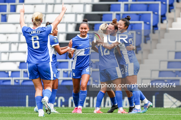 Lily Agg of Birmingham celebrates her goal with teammates during the FA Women's Championship match between Birmingham City and Sunderland at...