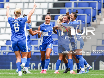 Lily Agg of Birmingham celebrates her goal with teammates during the FA Women's Championship match between Birmingham City and Sunderland at...