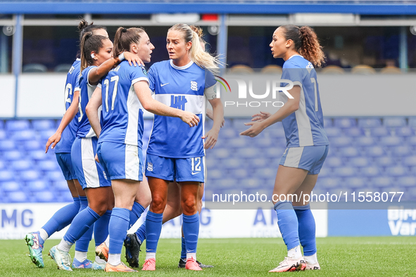 Lucy Quinn of Birmingham celebrates scoring from the penalty spot with her teammates during the FA Women's Championship match between Birmin...