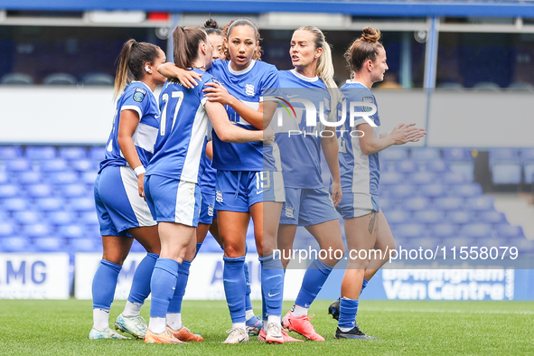 Lucy Quinn of Birmingham celebrates scoring from the penalty spot with her teammates during the FA Women's Championship match between Birmin...