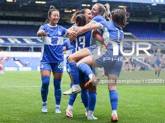 #13, Ivana Fuso of Birmingham is mobbed by teammates as they celebrate her goal, making it 5-0 during the FA Women's Championship match betw...