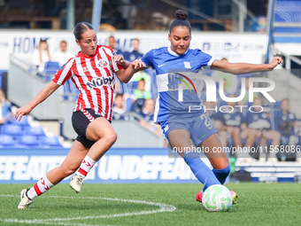 #18, Libby McInnes of Sunderland challenges #21, Ashanti Akpan of Birmingham during the FA Women's Championship match between Birmingham Cit...