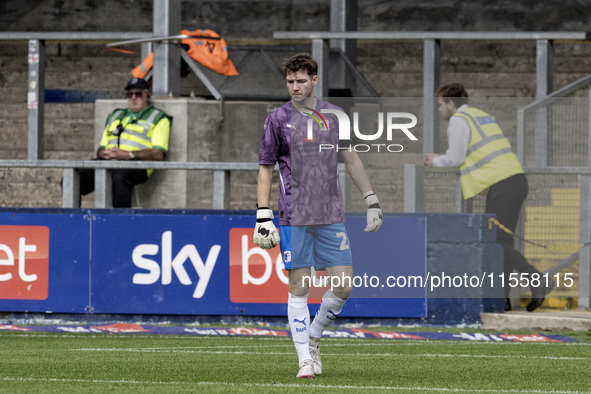 Barrow's Rory Feely takes over in goal after Paul Farman is sent off during the Sky Bet League 2 match between Barrow and Swindon Town at Ho...