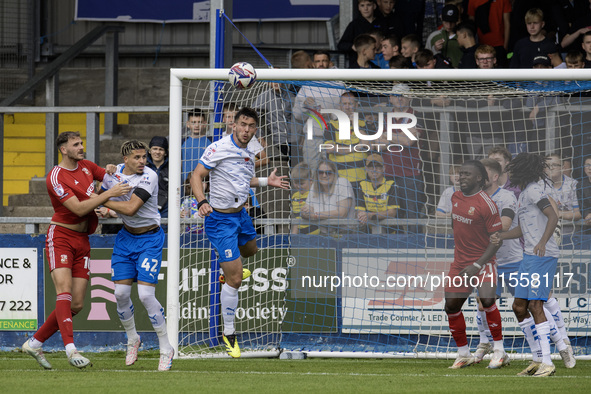 Barrow's Dean Campbell heads clear from defense during the Sky Bet League 2 match between Barrow and Swindon Town at Holker Street in Barrow...