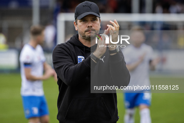 Barrow manager Stephen Clemence during the Sky Bet League 2 match between Barrow and Swindon Town at Holker Street in Barrow-in-Furness, Eng...