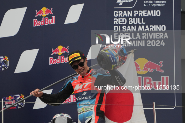 Ogura Ai stands on the podium as the winner during the Gran Premio Red Bull di San Marino e della Riviera di Rimini Grand Prix Race MotoGP o...