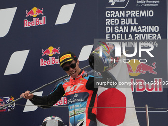 Ogura Ai stands on the podium as the winner during the Gran Premio Red Bull di San Marino e della Riviera di Rimini Grand Prix Race MotoGP o...