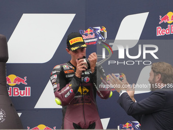 Arbilino, Tony winner, stands on the podium during the Gran Premio Red Bull di San Marino e della Riviera di Rimini Grand Prix Race MotoGP o...