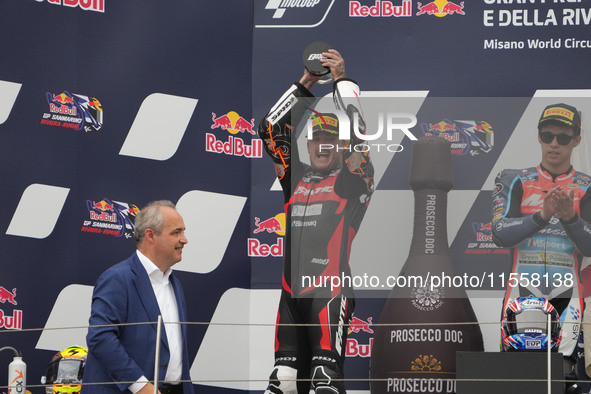 Canet Aron stands on the podium during the Gran Premio Red Bull di San Marino e della Riviera di Rimini Grand Prix Race MotoGP on Sunday at...