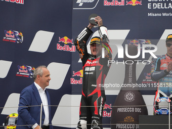 Canet Aron stands on the podium during the Gran Premio Red Bull di San Marino e della Riviera di Rimini Grand Prix Race MotoGP on Sunday at...