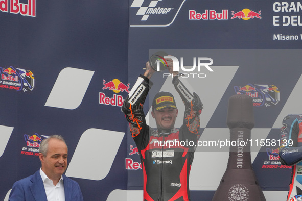 Canet Aron stands on the podium during the Gran Premio Red Bull di San Marino e della Riviera di Rimini Grand Prix Race MotoGP on Sunday at...