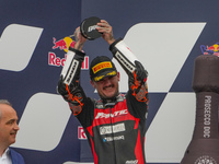 Canet Aron stands on the podium during the Gran Premio Red Bull di San Marino e della Riviera di Rimini Grand Prix Race MotoGP on Sunday at...