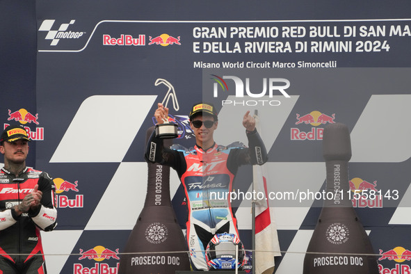 Ogura Ai stands on the podium as the winner during the Gran Premio Red Bull di San Marino e della Riviera di Rimini Grand Prix Race MotoGP o...