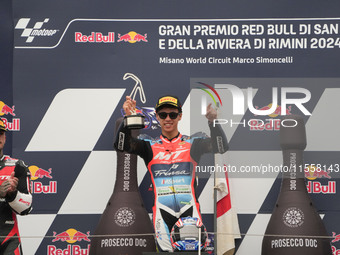 Ogura Ai stands on the podium as the winner during the Gran Premio Red Bull di San Marino e della Riviera di Rimini Grand Prix Race MotoGP o...