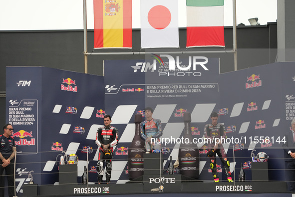 Winners on the podium Moto 2 Race Ogura Ai, Canet Aron, and Arbolino Tony during the Gran Premio Red Bull di San Marino e della Riviera di R...