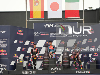 Winners on the podium Moto 2 Race Ogura Ai, Canet Aron, and Arbolino Tony during the Gran Premio Red Bull di San Marino e della Riviera di R...