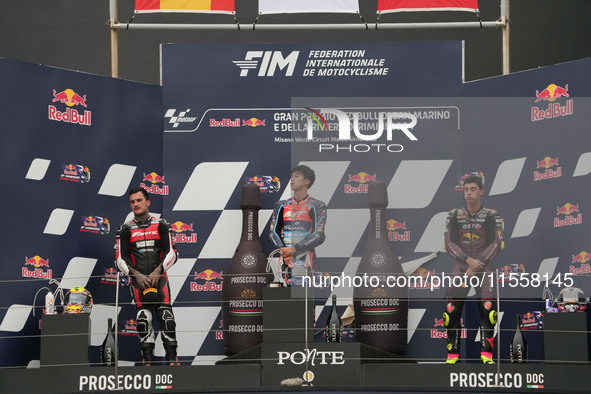 Winners on the podium Moto 2 Race Ogura Ai, Canet Aron, and Arbolino Tony during the Gran Premio Red Bull di San Marino e della Riviera di R...