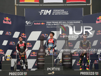 Winners on the podium Moto 2 Race Ogura Ai, Canet Aron, and Arbolino Tony during the Gran Premio Red Bull di San Marino e della Riviera di R...