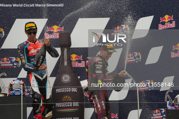 Winners on the podium Moto 2 Race Ogura Ai, Canet Aron, and Arbolino Tony during the Gran Premio Red Bull di San Marino e della Riviera di R...