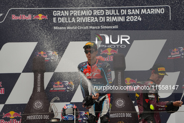 Winners on the podium Moto 2 Race Ogura Ai, Canet Aron, and Arbolino Tony during the Gran Premio Red Bull di San Marino e della Riviera di R...