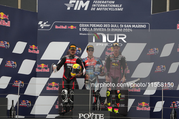 Winners on the podium Moto 2 Race Ogura Ai, Canet Aron, and Arbolino Tony during the Gran Premio Red Bull di San Marino e della Riviera di R...