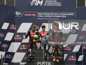 Winners on the podium Moto 2 Race Ogura Ai, Canet Aron, and Arbolino Tony during the Gran Premio Red Bull di San Marino e della Riviera di R...