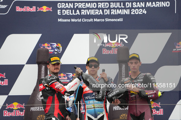 Winners on the podium Moto 2 Race Ogura Ai, Canet Aron, and Arbolino Tony during the Gran Premio Red Bull di San Marino e della Riviera di R...